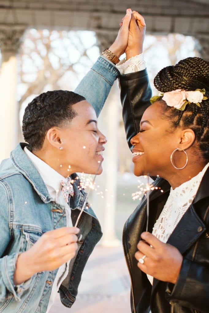 LQBTQ+ Wedding Officiant in NYC, two women holding sparklers